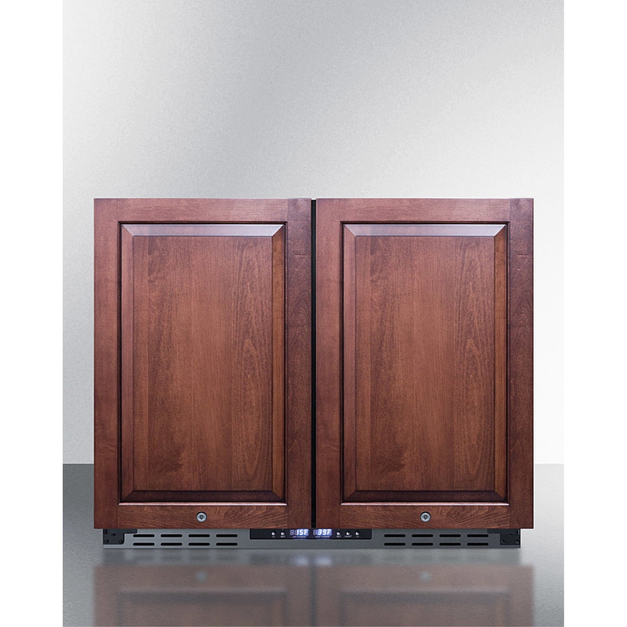 36" wide frost-free side-by-side undercounter refrigerator-freezer black cabinet, stainless steel doors, and digital con