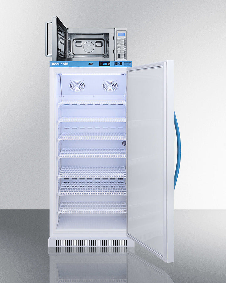 Accucold Factory installation of a microwave on top of a refrigerator with brackets to ship fully assembled in one box
