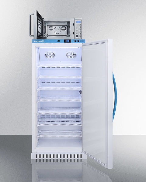 Accucold Factory installation of a microwave on top of a refrigerator with brackets to ship fully assembled in one box