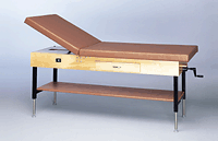 Bailey Economy Hi-Lo Treatment Table, Manual Crank, with Adjustable Back, Upholstered Shelf & Drawer, 2" Upholstered Top - Model 4240
