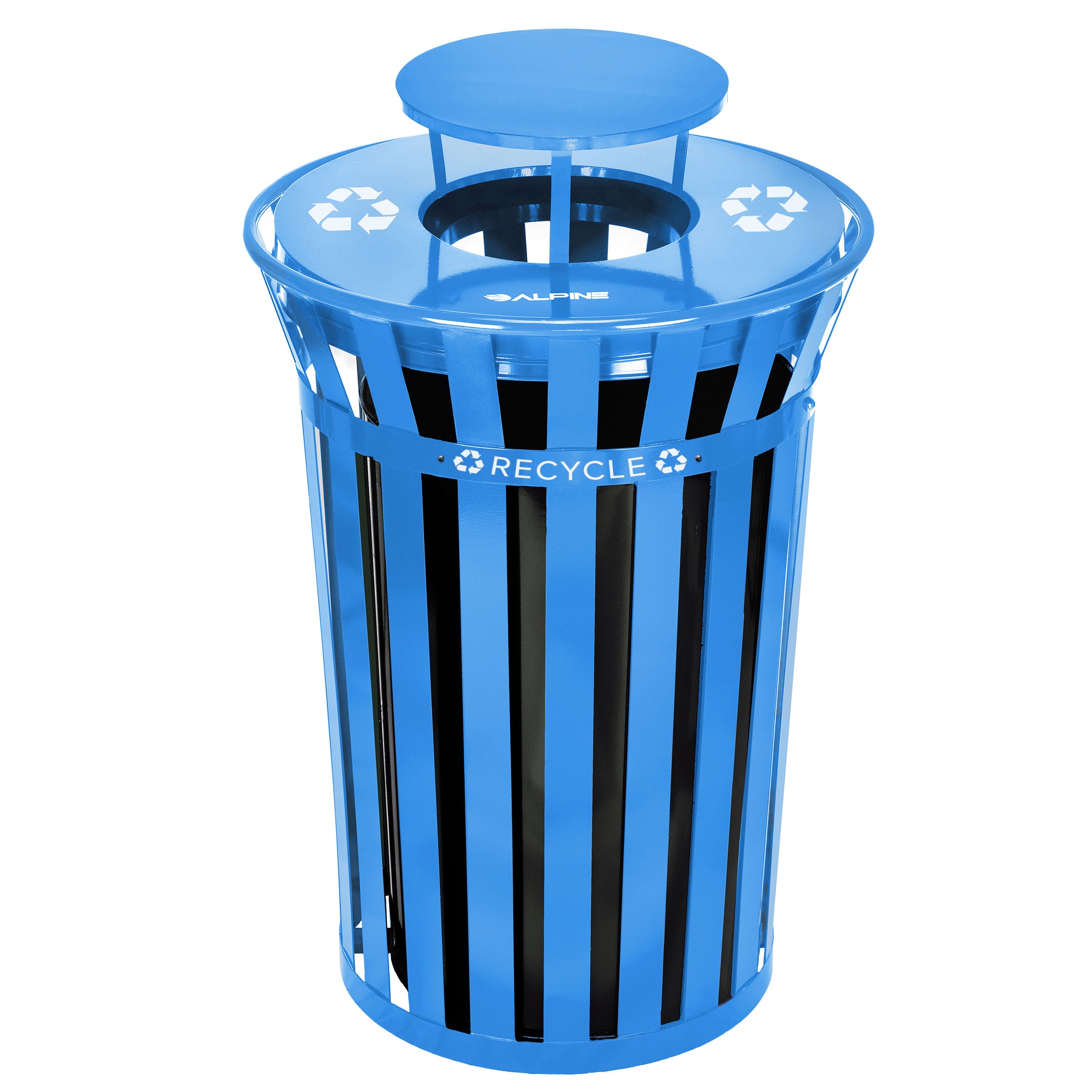 Blue, 38 Gallon Outdoor Metal Recycling Receptacle and Rain Bonnet Lid