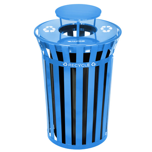 Blue, 38 Gallon Outdoor Metal Recycling Receptacle and Rain Bonnet Lid