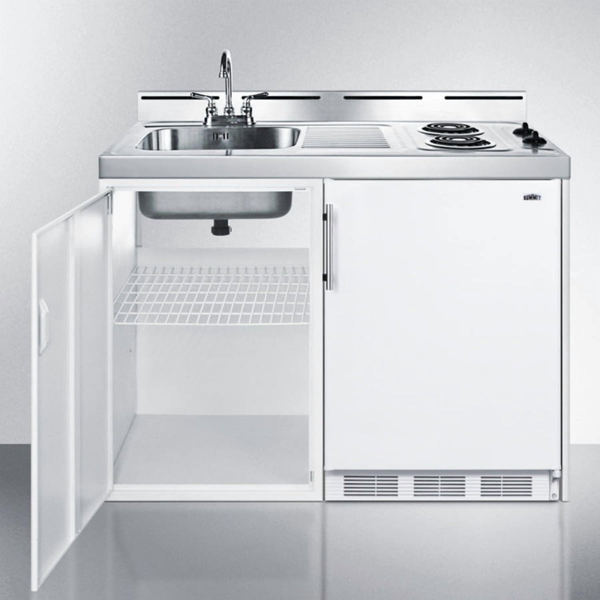 Accucold 48" wide all-in-one kitchenette with 2-burner 115V smooth-top cooktop, sink, and storage cabinet; refrigerator