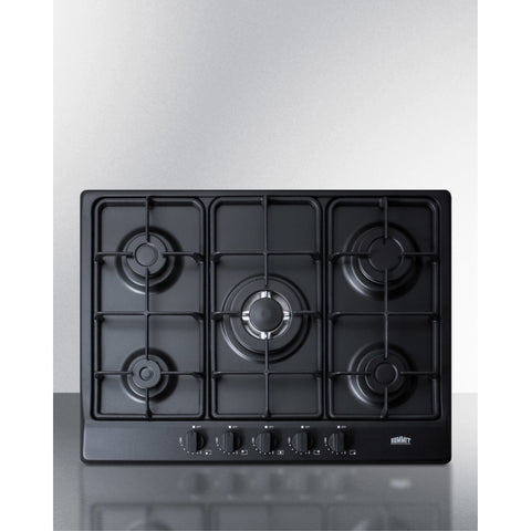 Accucold 5-burner gas cooktop made in Italy in a black matte finish with sealed burners, cast iron grates, and wok