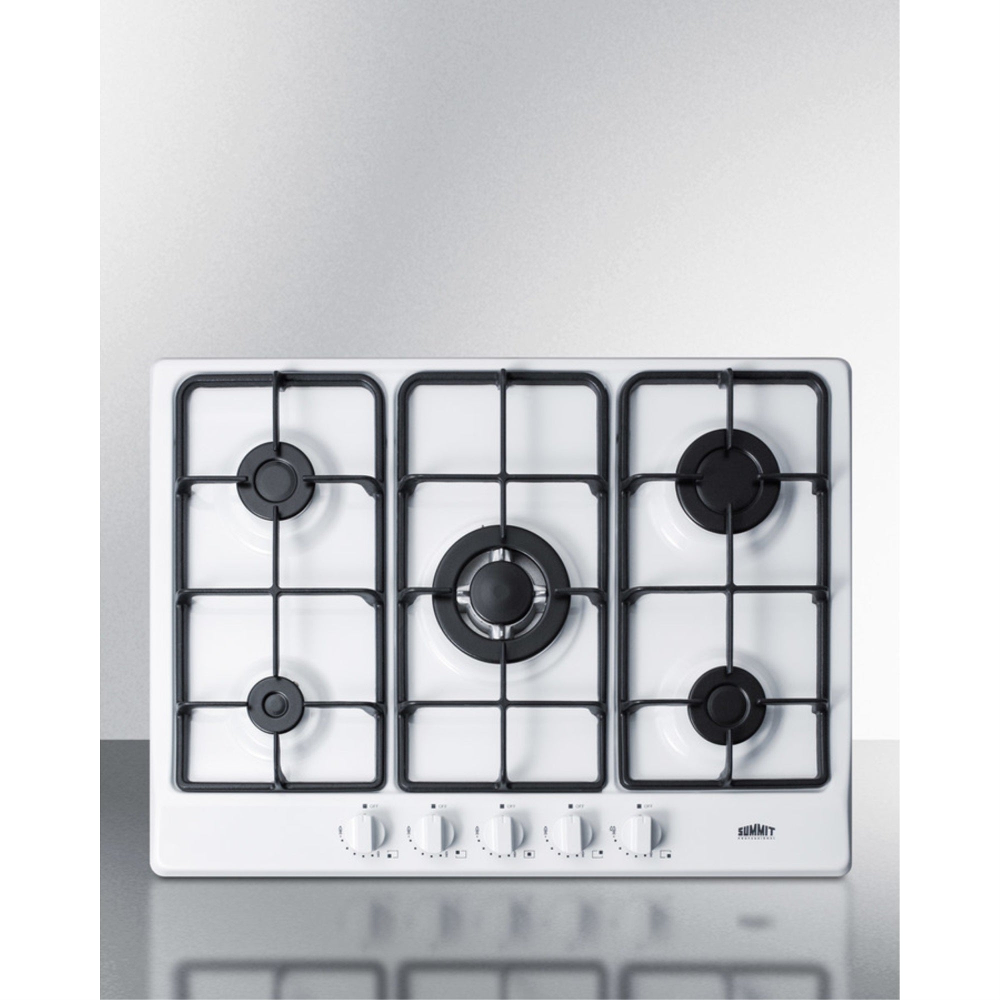 5-burner gas cooktop made in Italy in a white finish with sealed burners, cast iron grates, and wok stand; fits standard