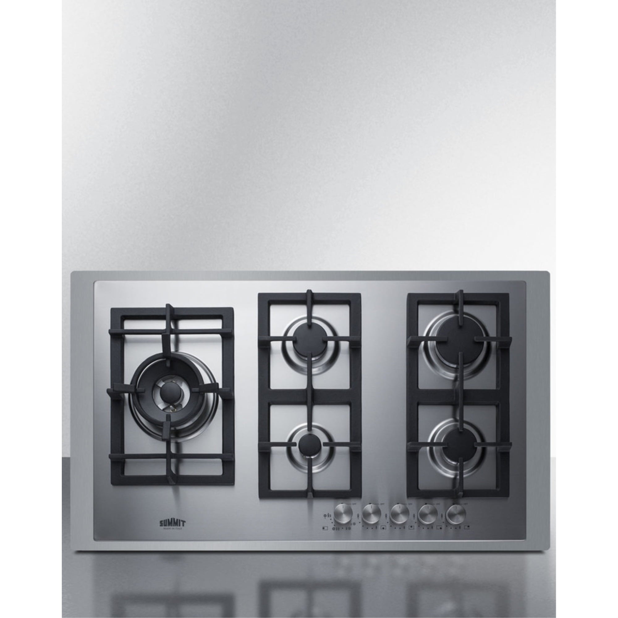 5-burner gas cooktop made in Italy in a stainless steel finish with sealed burners, cast iron grates, and wok stand; fit