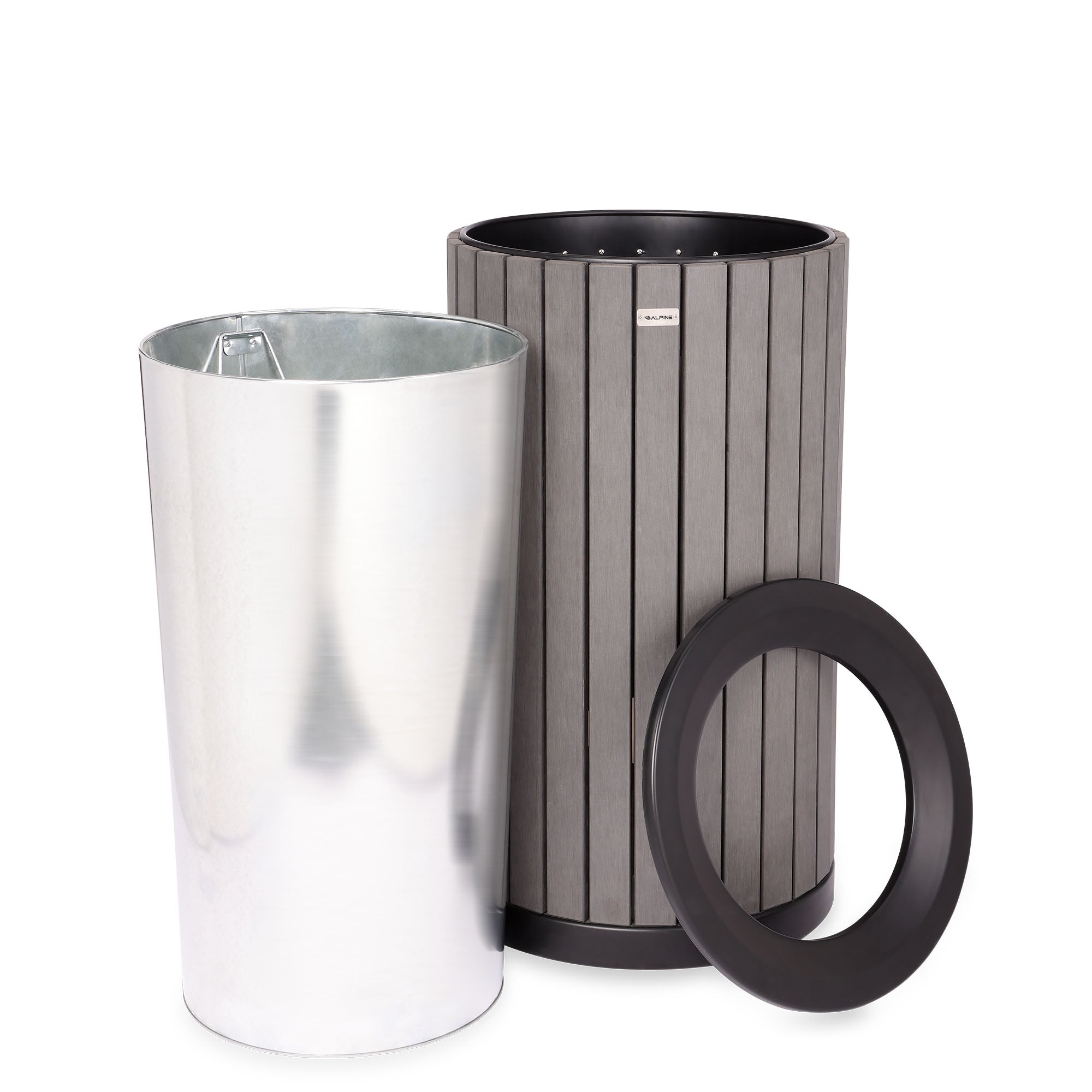 Round, 32-Gallon Outdoor Trash Container with Slatted Recycled Plastic Panels and Rain Bonnet Lid