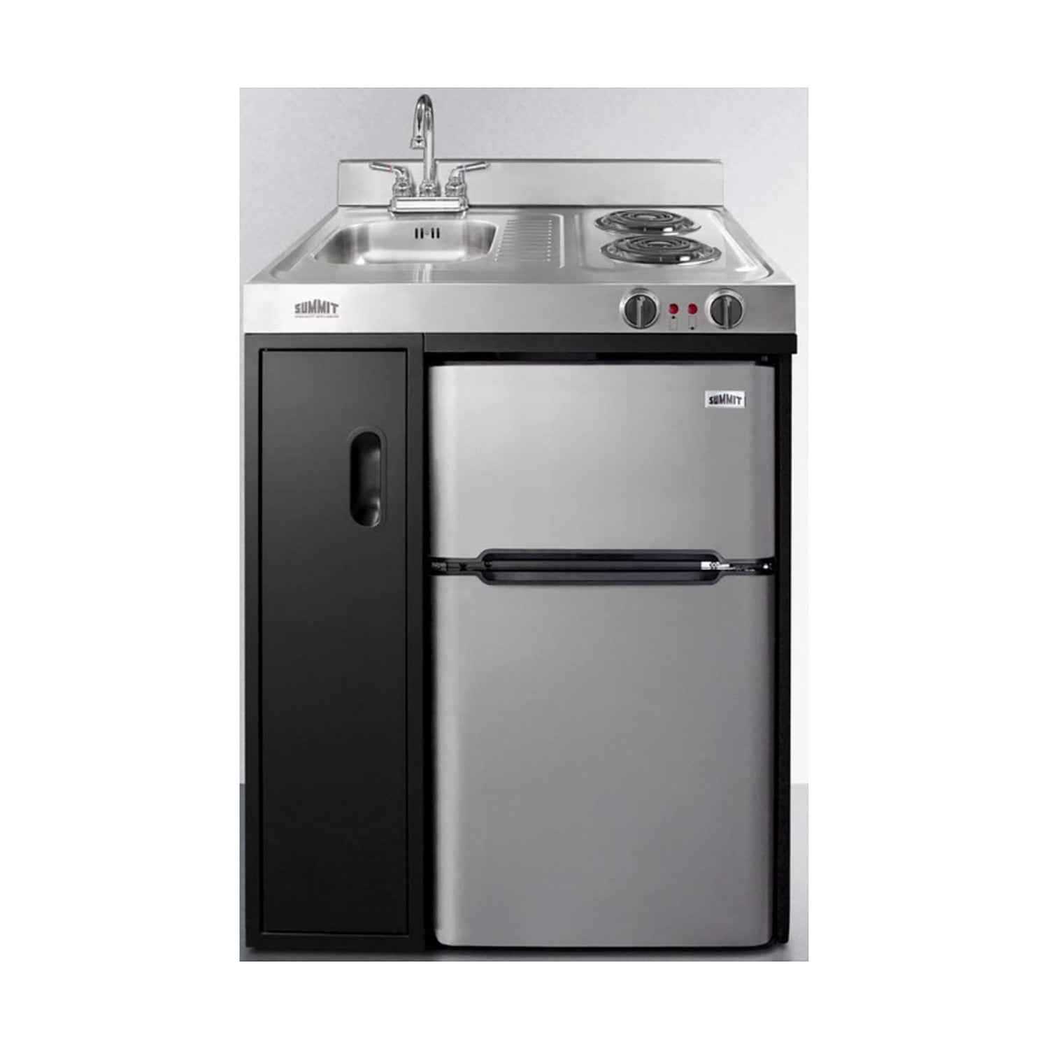 30" wide all-in-one kitchenette with 2-burner 115V induction cooktop, refrigerator-freezer, sink, and storage cabinet