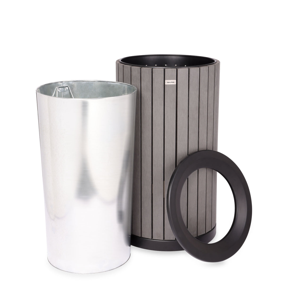 Round, 32-Gallon Outdoor Trash Container with Slatted Recycled Plastic Panels and Rain Bonnet Lid