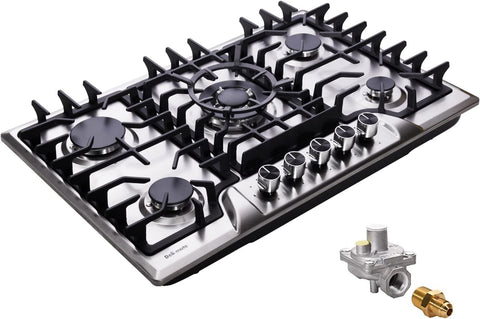 Accucold 30" wide 5-burner LP gas cooktop made in Italy in stainless steel with sealed dual flame burner, cast iron
