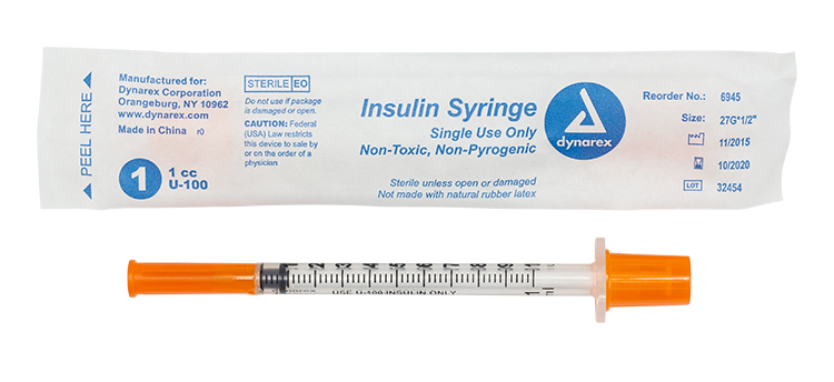 Dynarex Insulin Syringe - Non-Toxic - Individual Wrapped 27G, 1/2" Needle, 1 cc