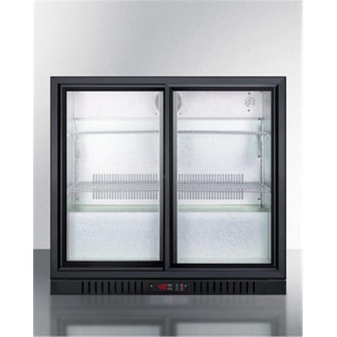 Accucold Commercial back bar beverage center for freestanding use, with sliding glass doors and black cabinet