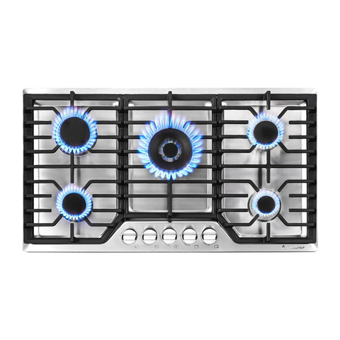 Accucold 5-burner gas cooktop made in Italy in stainless steel with 36" wide SS trim kit, sealed dual flame burner,