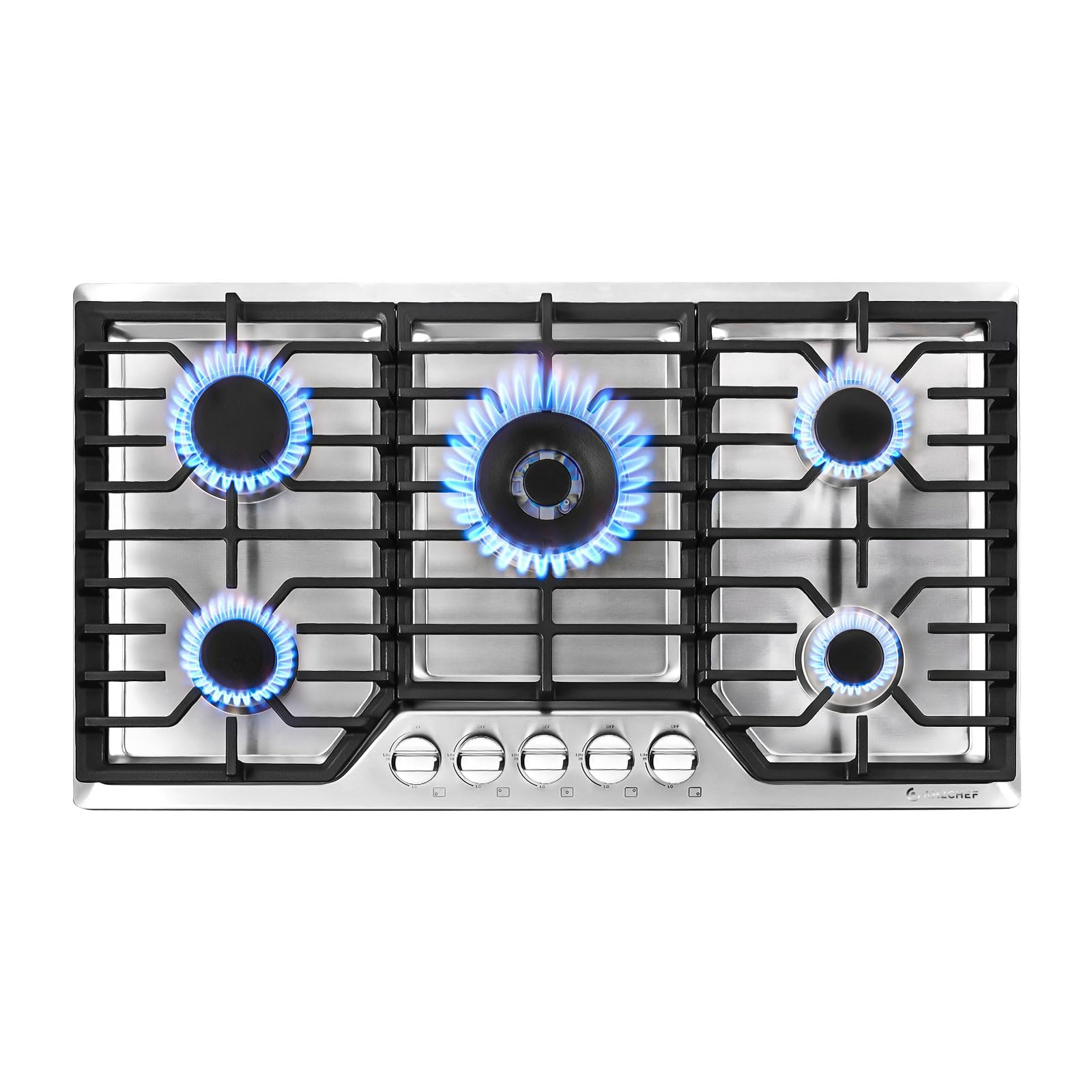 5-burner gas cooktop made in Italy in stainless steel with 36" wide SS trim kit, sealed dual flame burner, cast iron gra