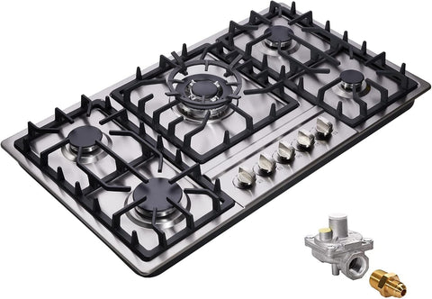 Accucold 34" wide 5-burner gas cooktop made in Italy in stainless steel with sealed dual flame burner, cast iron