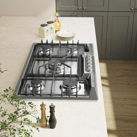 Accucold 5-burner gas cooktop made in Italy in stainless steel finish with sealed burners, cast iron grates, wok stand,