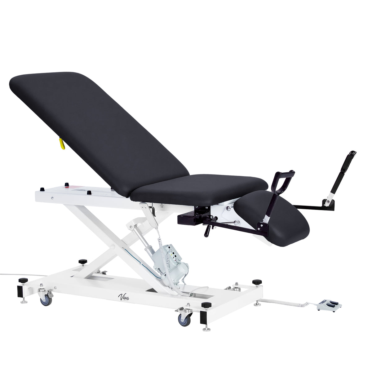 VivaComfort XRO Series 3-Section Electric Height and Back Adjustable Exam Table with Stirrups, 600 lbs Capacity, Black