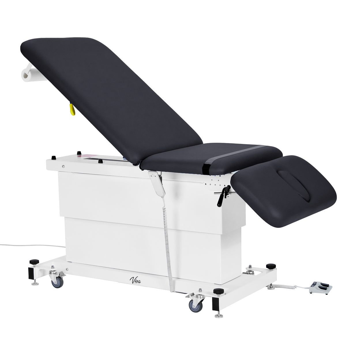 VivaComfort XRO Series 3-Section Electric Height and Back Adjustable Exam Table with Stirrups, 600 lb Capacity, Black