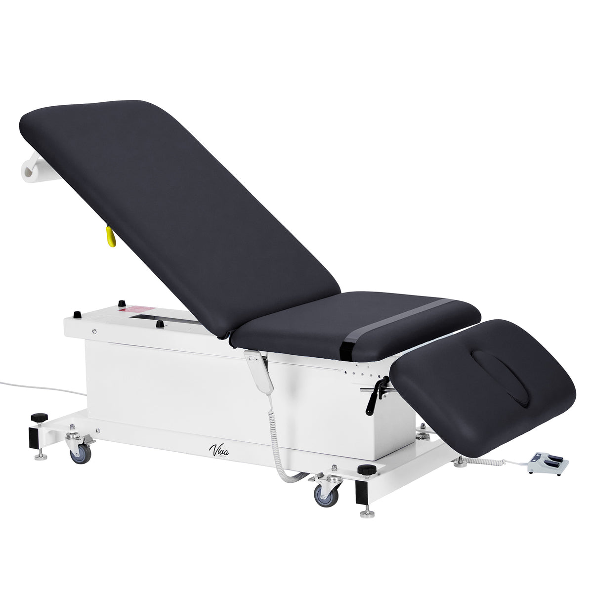 VivaComfort XRO Series 3-Section Electric Height and Back Adjustable Exam Table with Stirrups, 600 lb Capacity, Black