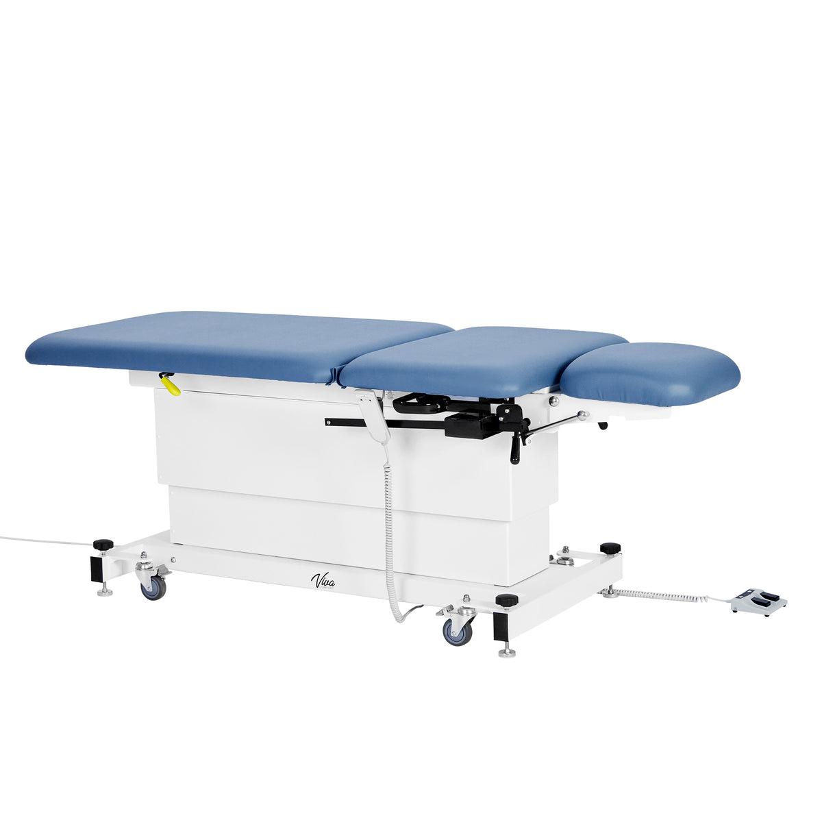 VivaComfort XRO Series 3-Section Electric Height and Back Adjustable Exam Table with Stirrups, 600 lb Capacity, Blue
