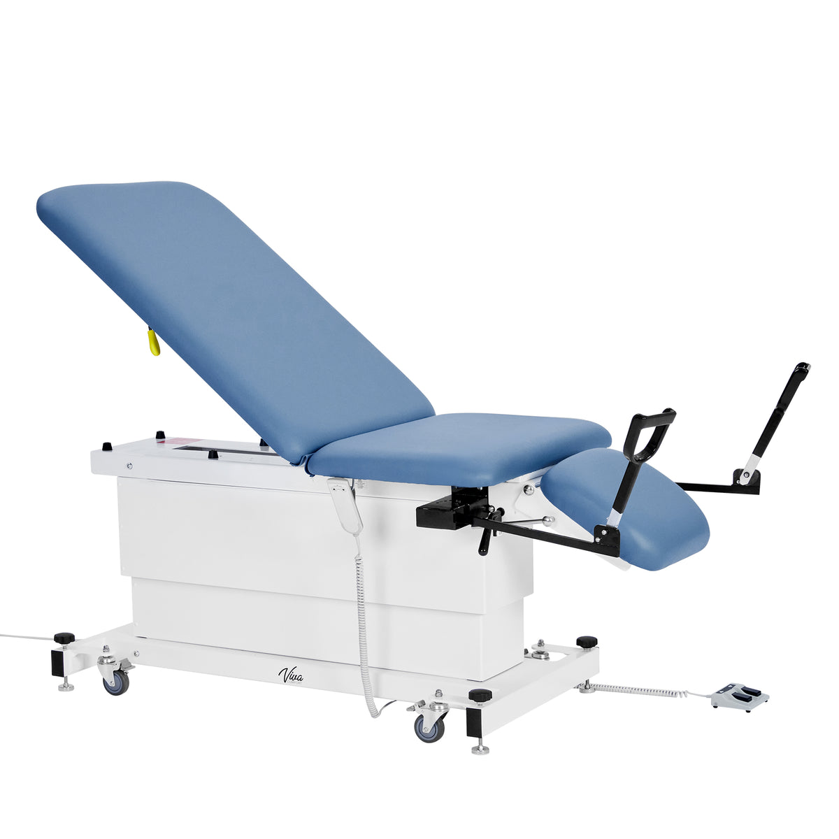 VivaComfort XRO Series 3-Section Electric Height and Back Adjustable Exam Table with Stirrups, 600 lb Capacity, Blue