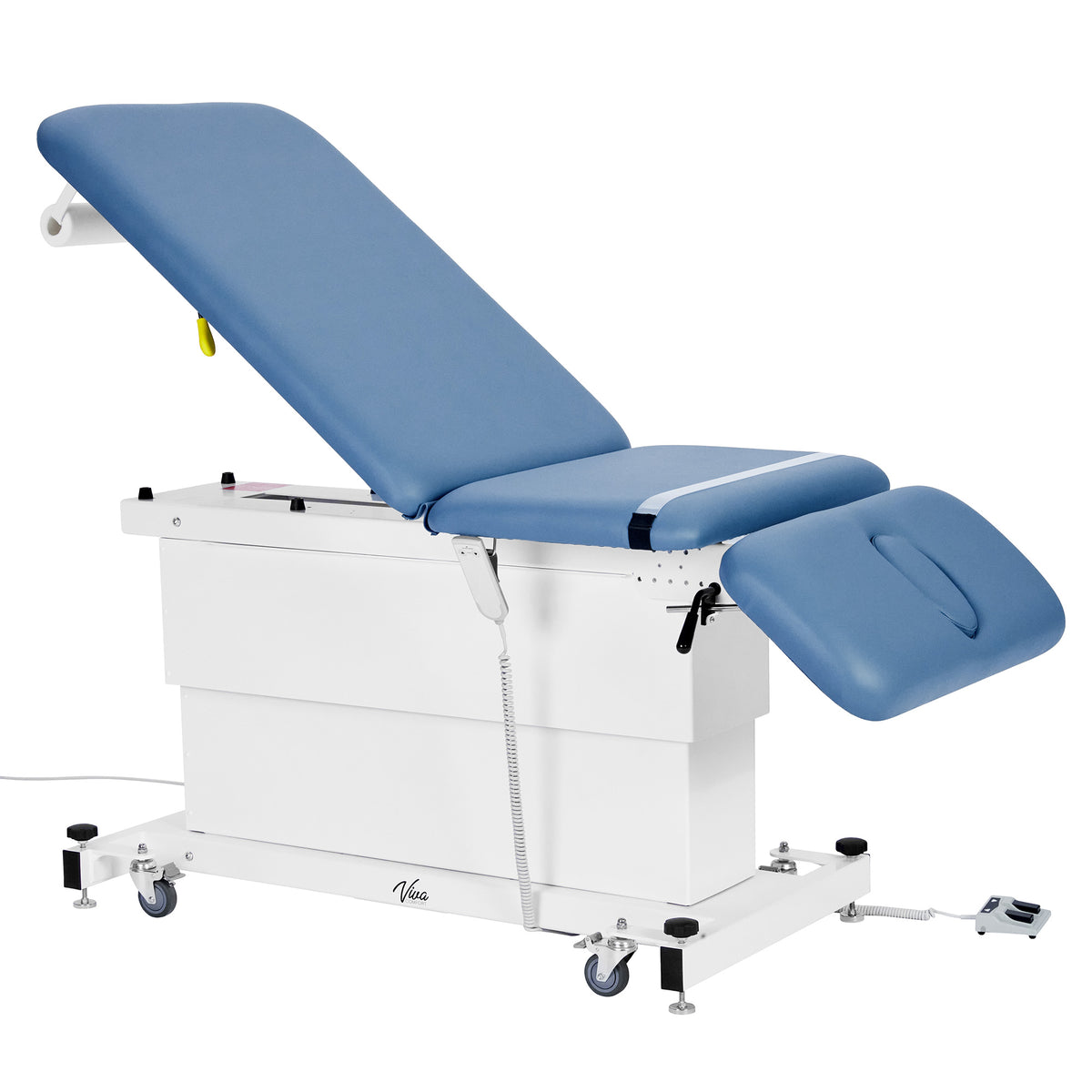 VivaComfort XRO Series 3-Section Electric Height and Back Adjustable Exam Table with Stirrups, 600 lb Capacity, Blue