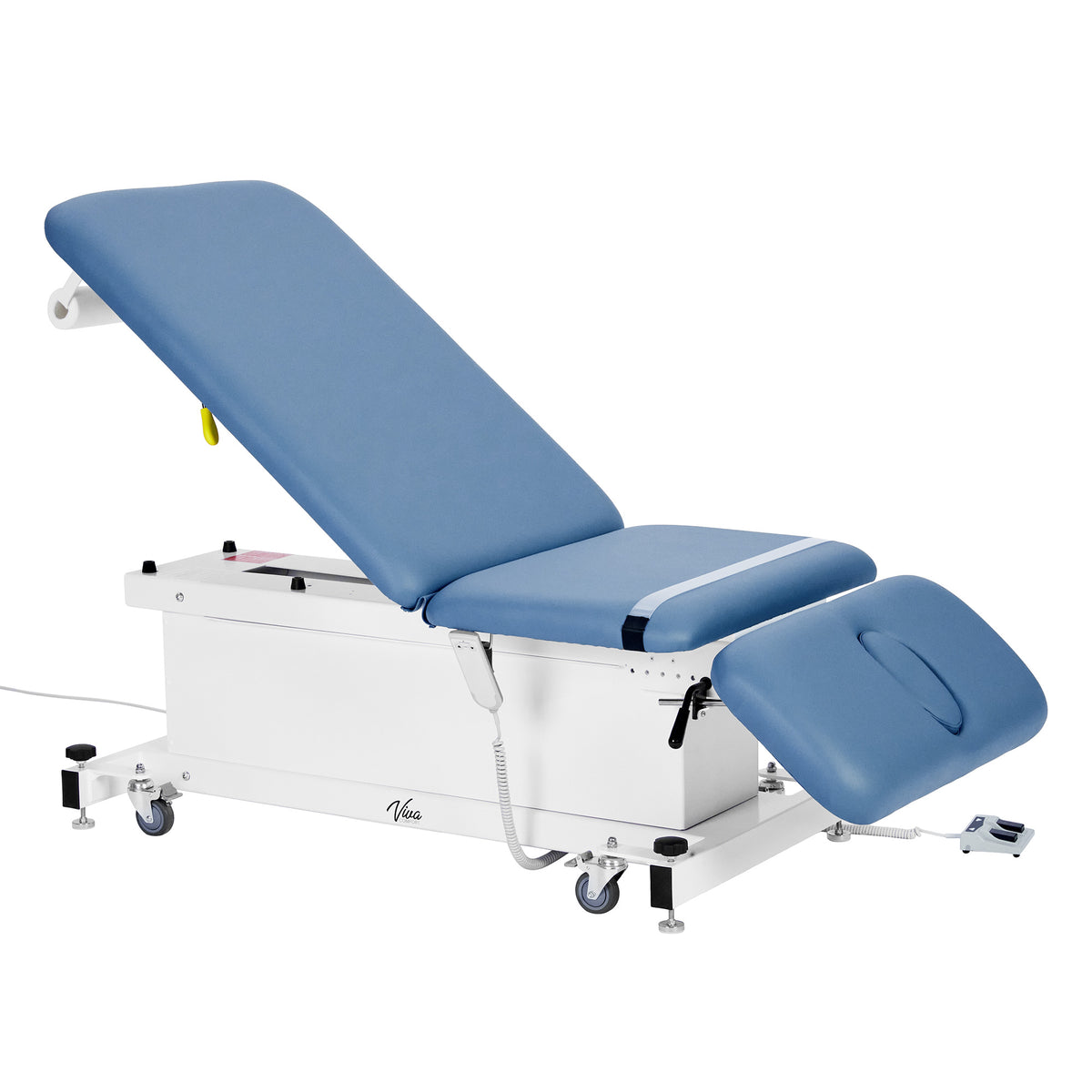 VivaComfort XRO Series 3-Section Electric Height and Back Adjustable Exam Table with Stirrups, 600 lb Capacity, Blue
