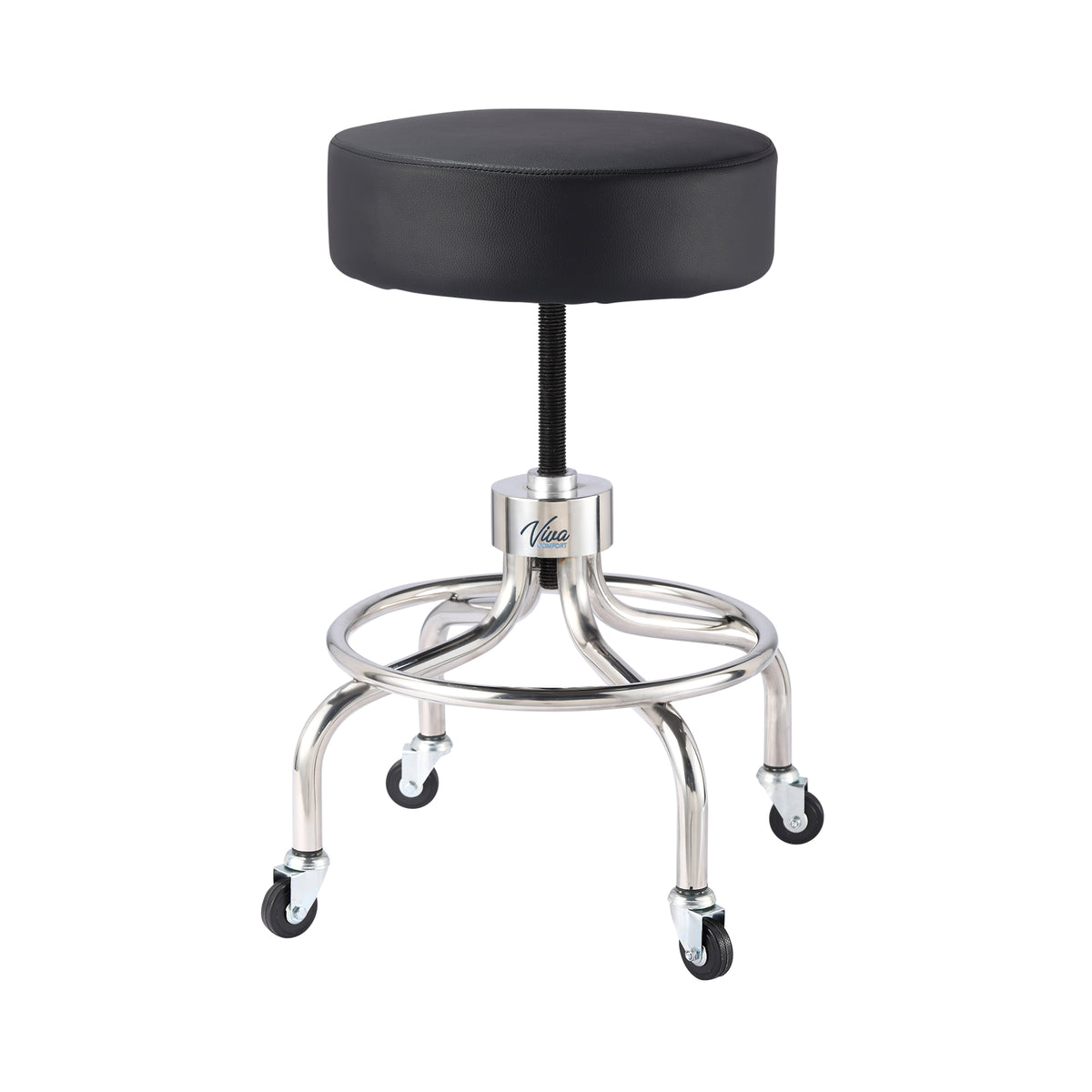 VivaComfort Pneumatic Height Control Antimicrobial Upholstery Exam Stool with Circular Foot Ring, 300 lb Capacity, Black