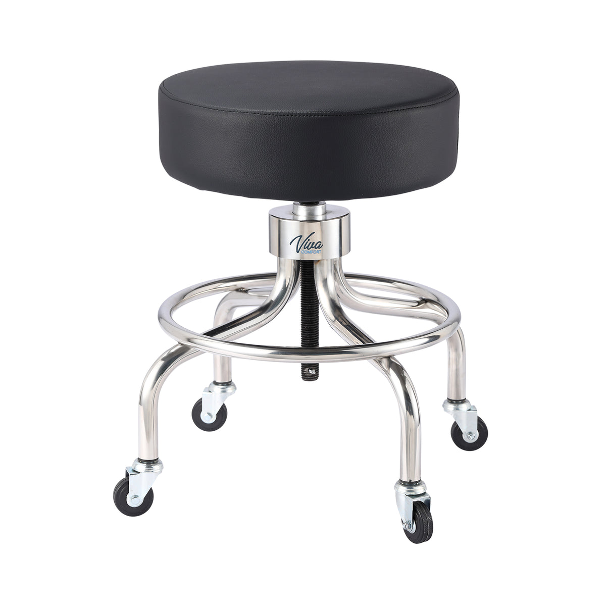 VivaComfort Pneumatic Height Control Antimicrobial Upholstery Exam Stool with Circular Foot Ring, 300 lb Capacity, Black
