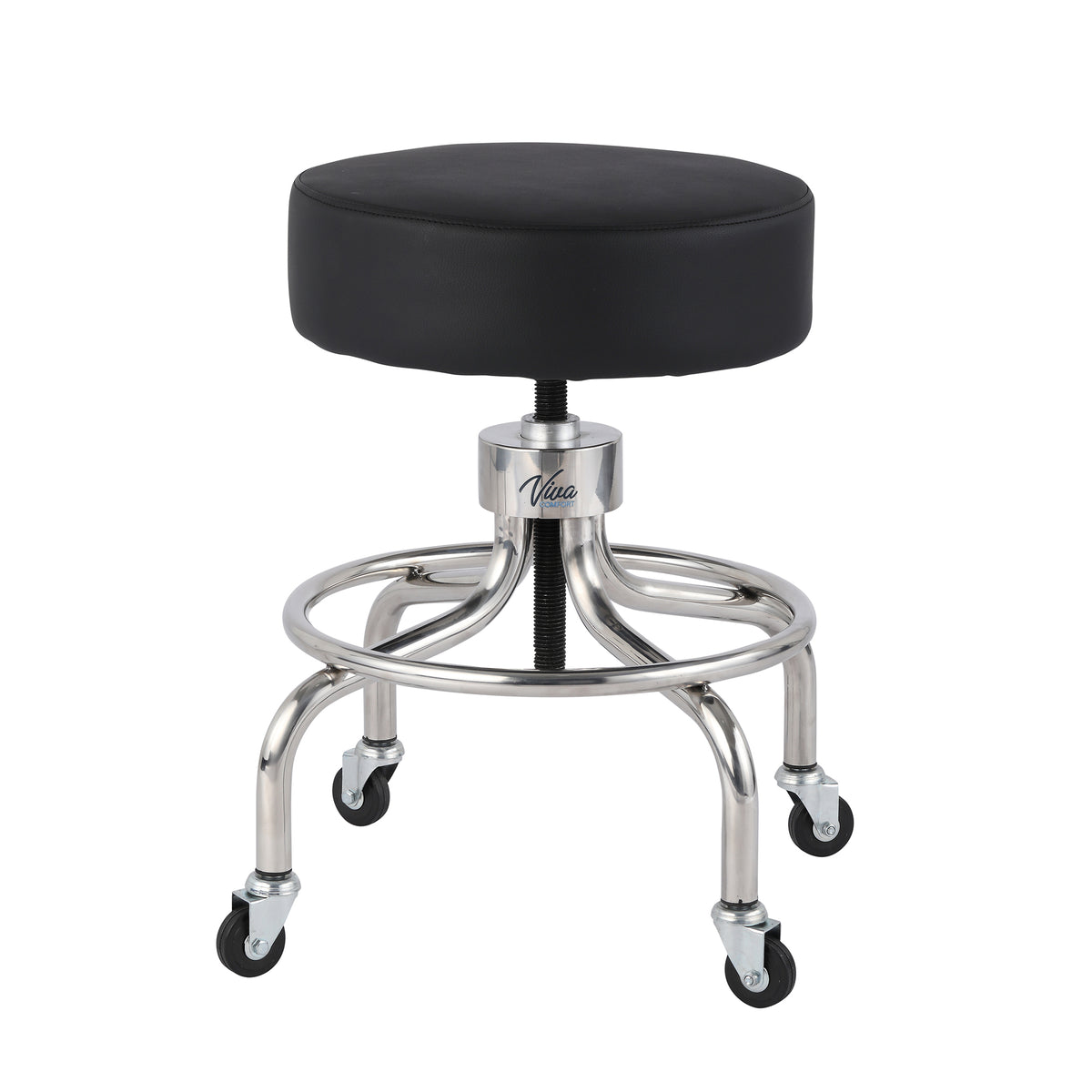VivaComfort Pneumatic Height Control Antimicrobial Upholstery Exam Stool with Circular Foot Ring, 300 lb Capacity, Black