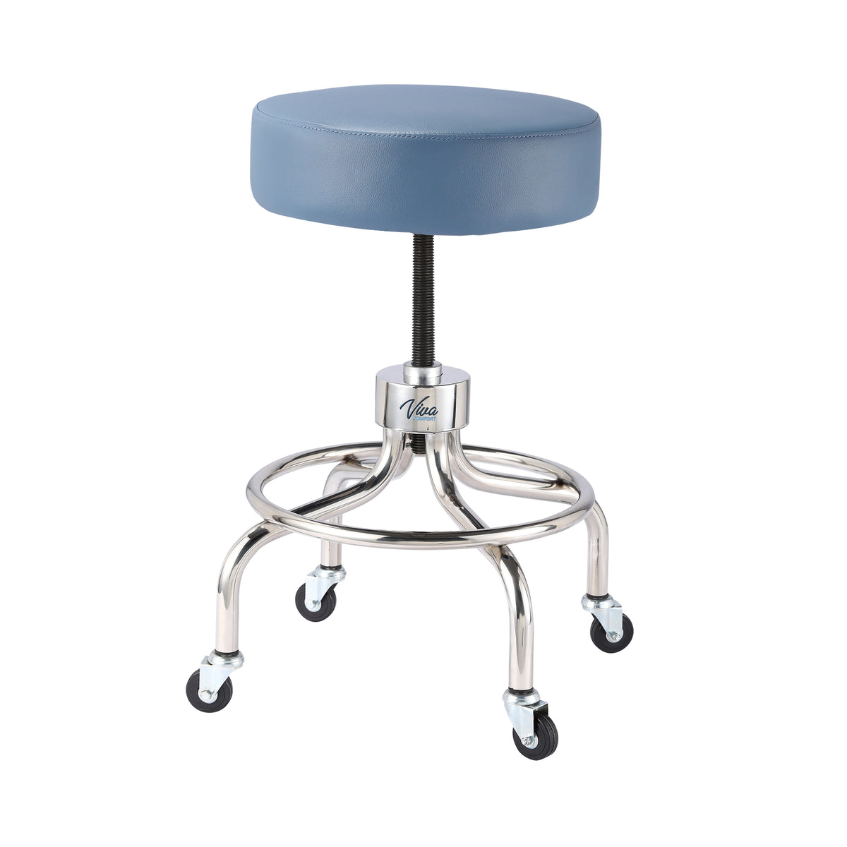 VivaComfort Pneumatic Height Control Antimicrobial Upholstery Exam Stool with Circular Foot Ring, 300 lb Capacity, Blue