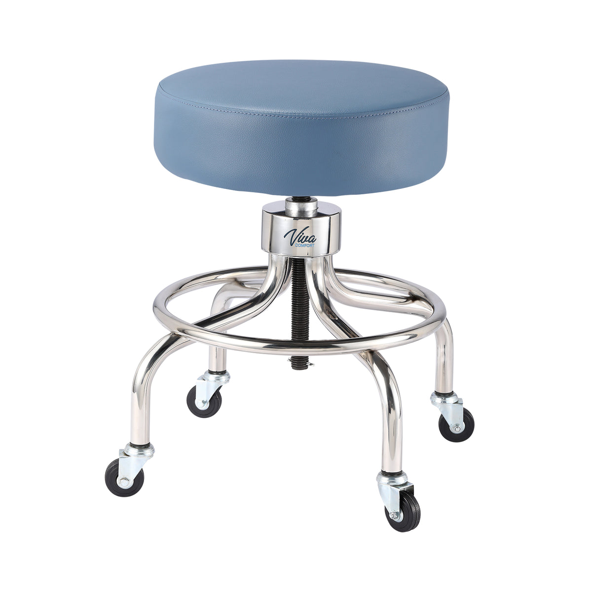 VivaComfort Pneumatic Height Control Antimicrobial Upholstery Exam Stool with Circular Foot Ring, 300 lb Capacity, Blue