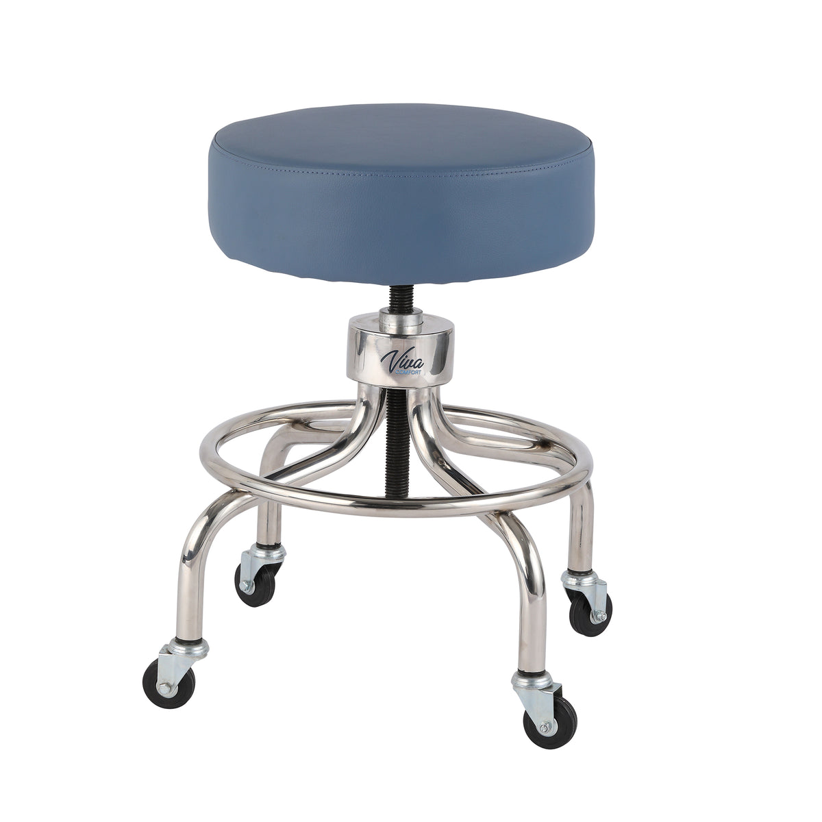 VivaComfort Pneumatic Height Control Antimicrobial Upholstery Exam Stool with Circular Foot Ring, 300 lb Capacity, Blue