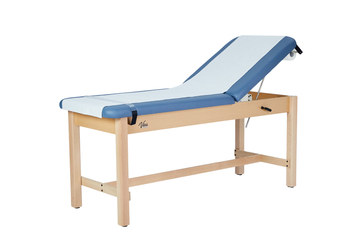 VivaComfort Aristo Wood H-Brace Physician Exam Table with Adjustable Backrest, 27”, Black, 500 lb Capacity, Blue