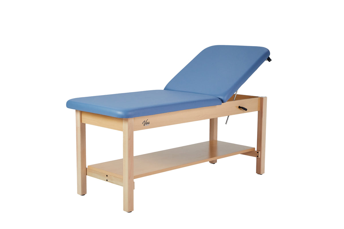 VivaComfort Aristo Wood H-Brace Physician Exam Table with Shelf and Adjustable Backrest, 30”, Black, 500 lb Capacity, Blue