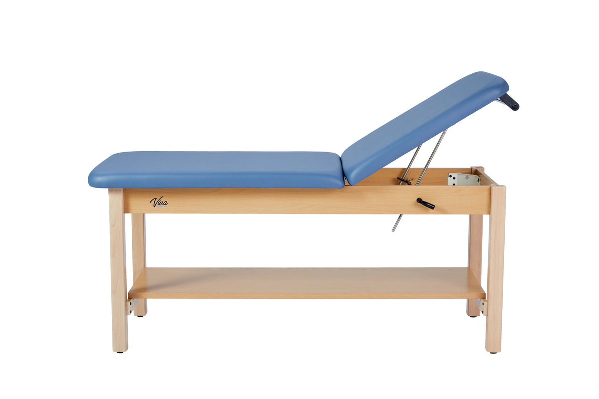 VivaComfort Aristo Wood H-Brace Physician Exam Table with Shelf and Adjustable Backrest, 30”, Black, 500 lb Capacity, Blue