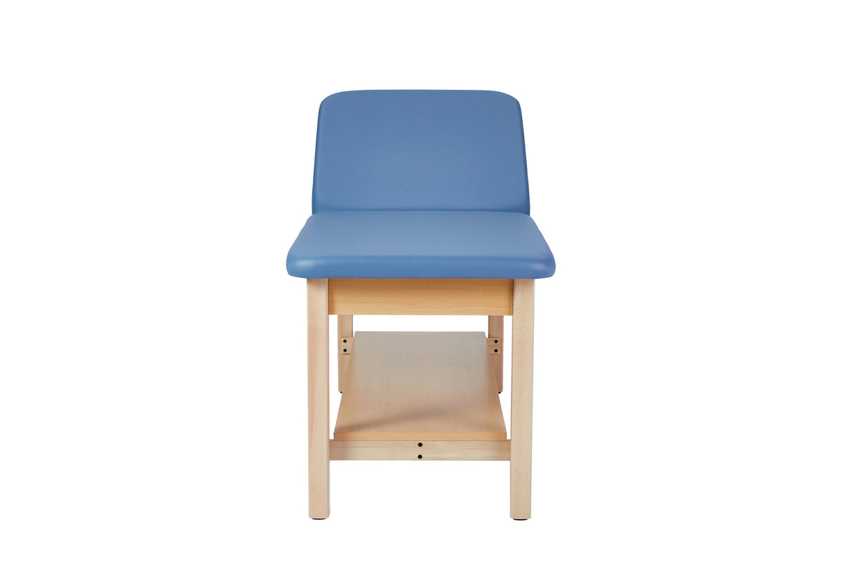 VivaComfort Aristo Wood H-Brace Physician Exam Table with Shelf and Adjustable Backrest, 30”, Black, 500 lb Capacity, Blue