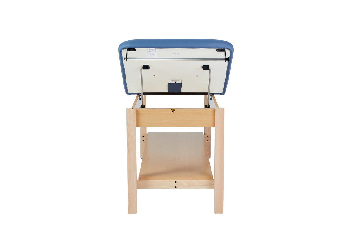 VivaComfort Aristo Wood H-Brace Physician Exam Table with Shelf and Adjustable Backrest, 30”, Black, 500 lb Capacity, Blue