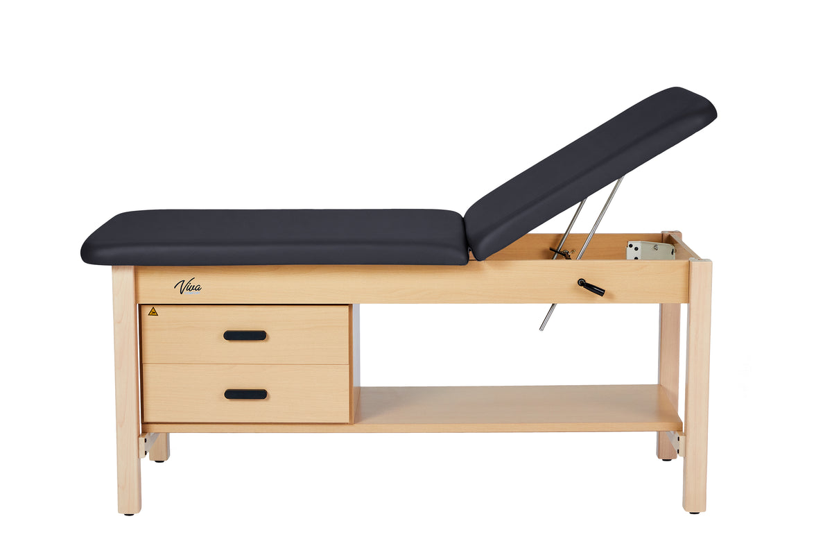 VivaComfort Aristo Wood H-Brace 30in. W x 72in. L Physician Adjustable Exam Table with Shelf and Dual Drawer Cabinet, 50