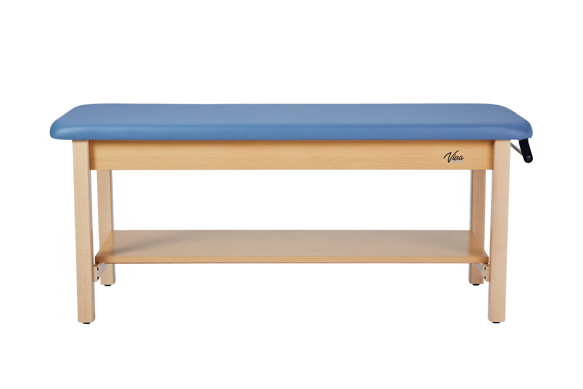 VivaComfort Aristo Wooden H-Brace Physician Exam Table With Shelf, 27”, Black, 500 lb Capacity, Blue
