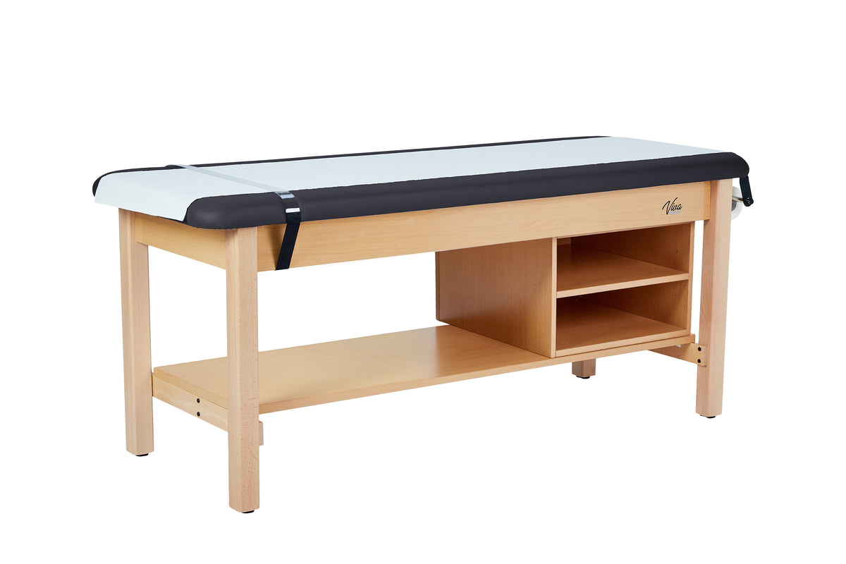 VivaComfort Aristo Wood H-Brace 27in. W x 72in. L Physician Exam Table with Shelf and Cabinet, 500 lb Capacity, Black