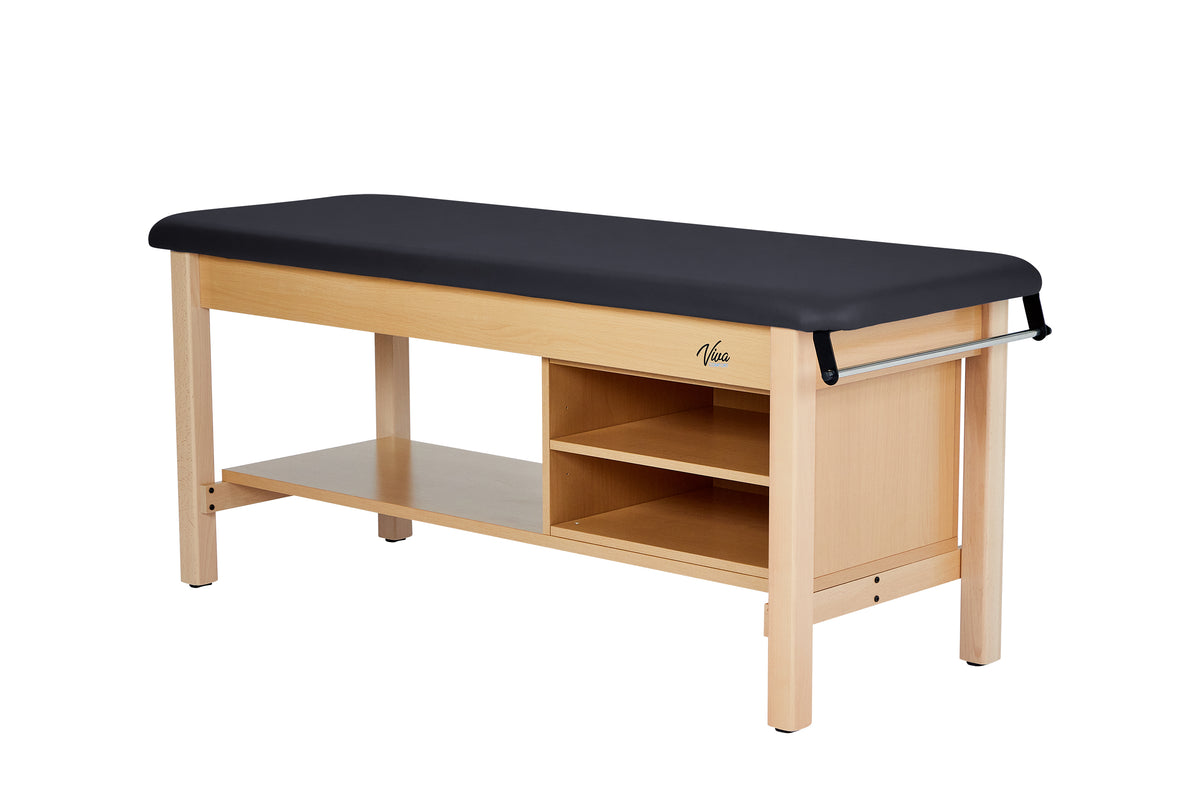 VivaComfort Aristo Wood H-Brace 27in. W x 72in. L Physician Exam Table with Shelf and Cabinet, 500 lb Capacity, Black