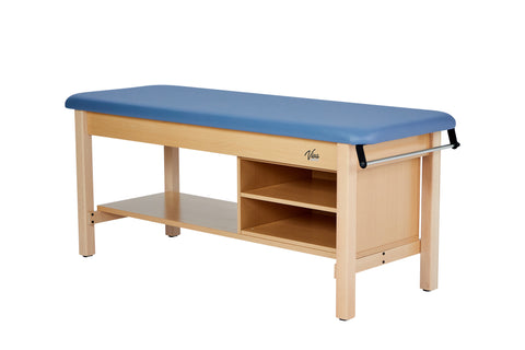 VivaComfort Aristo Wood H-Brace 27in. W x 72in. L Physician Exam Table with Shelf and Cabinet, 500 lb Capacity, Blue