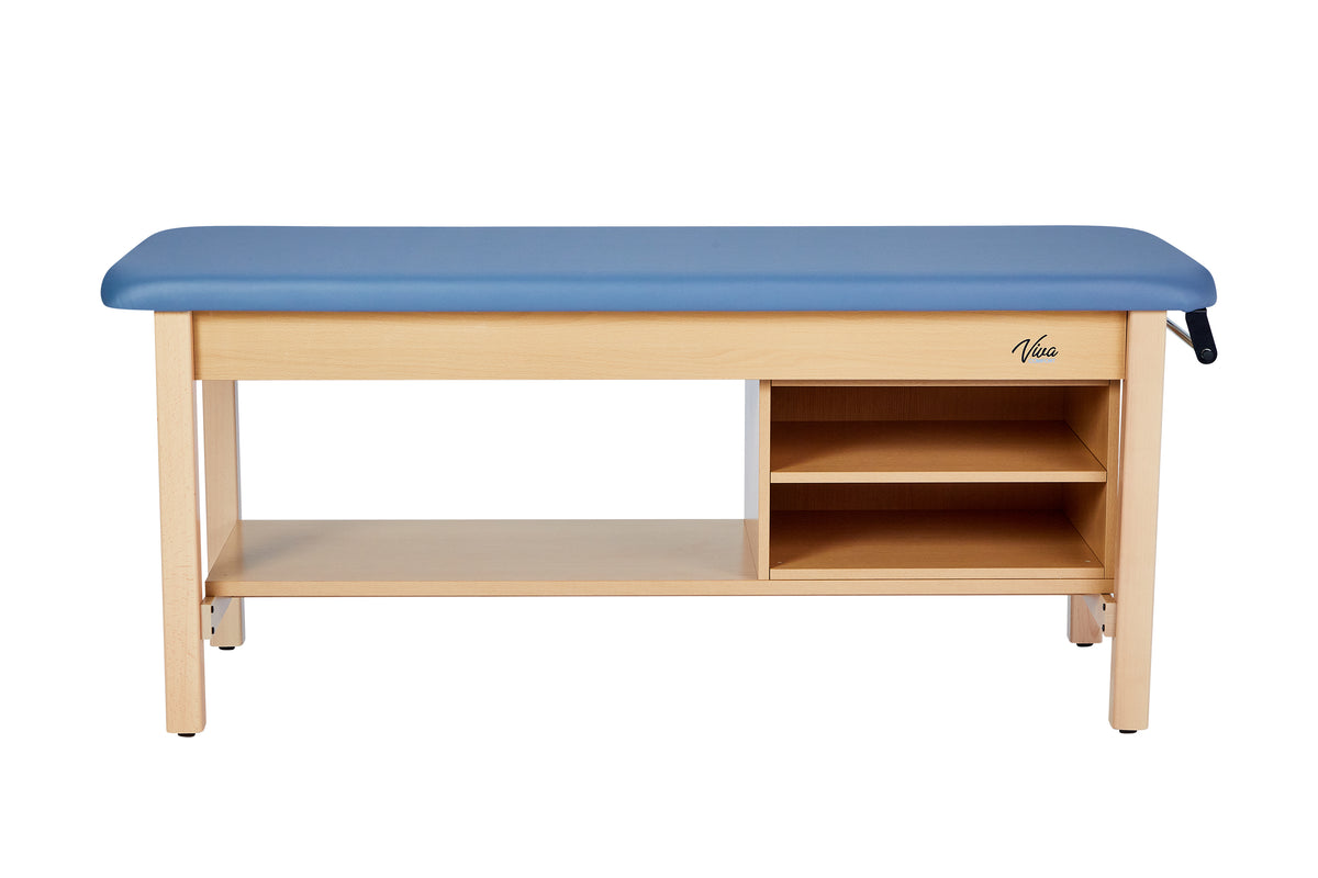 VivaComfort Aristo Wood H-Brace 27in. W x 72in. L Physician Exam Table with Shelf and Cabinet, 500 lb Capacity, Blue
