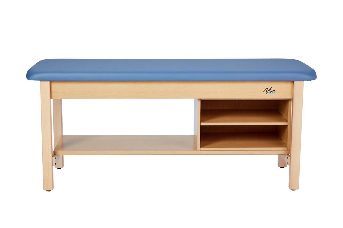 VivaComfort Aristo Wood H-Brace 27in. W x 72in. L Physician Exam Table with Shelf and Cabinet, 500 lb Capacity, Blue