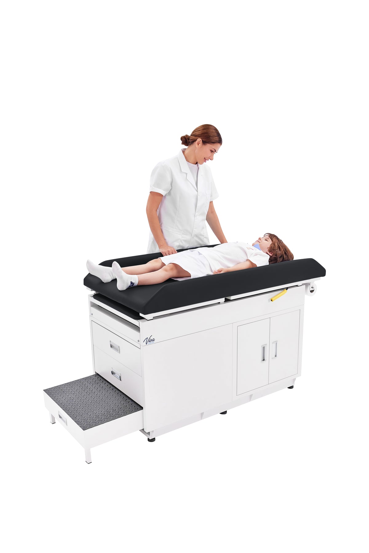 VivaComfort Steel Pediatric Grande Exam Table with Step Stool, Pull-Out Leg Rest, Dual Drawers & Cabinets, 500 lb Capaci