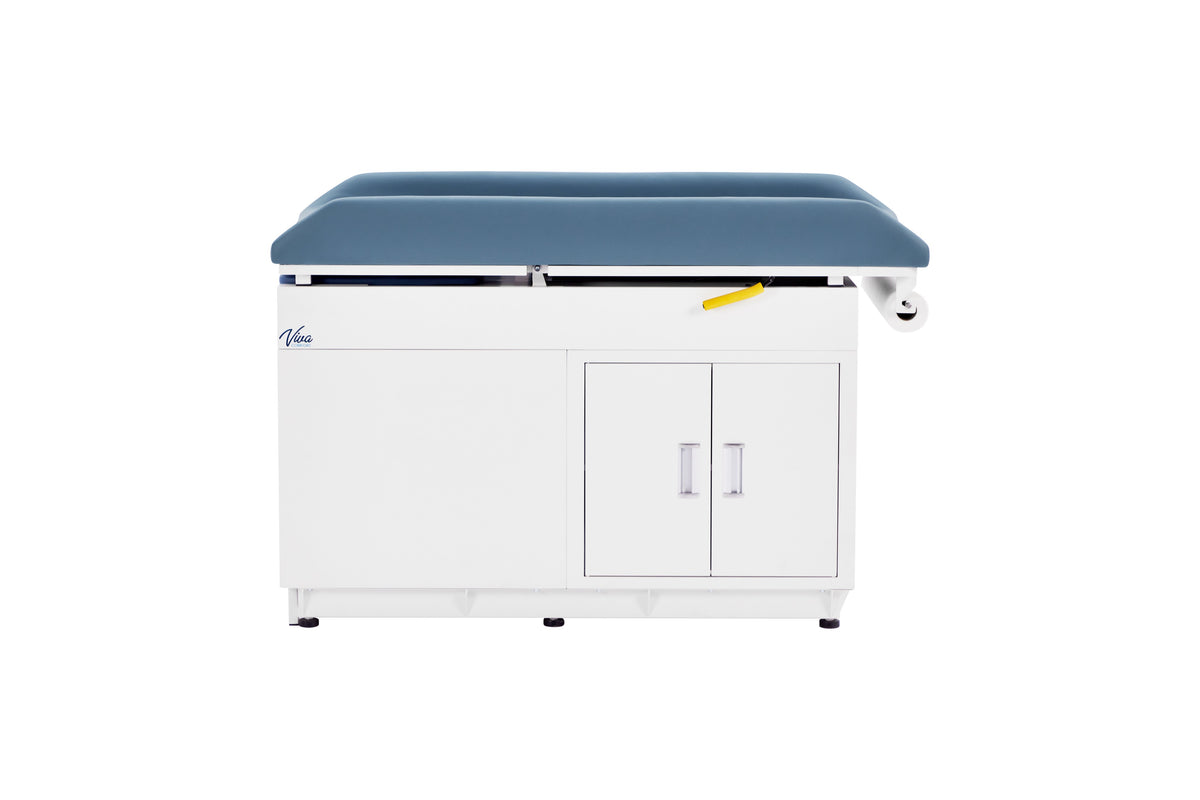 VivaComfort Steel Pediatric Grande Exam Table with Step Stool, Pull-Out Leg Rest, Dual Drawers & Cabinets, 500 lb Capacity, Blue