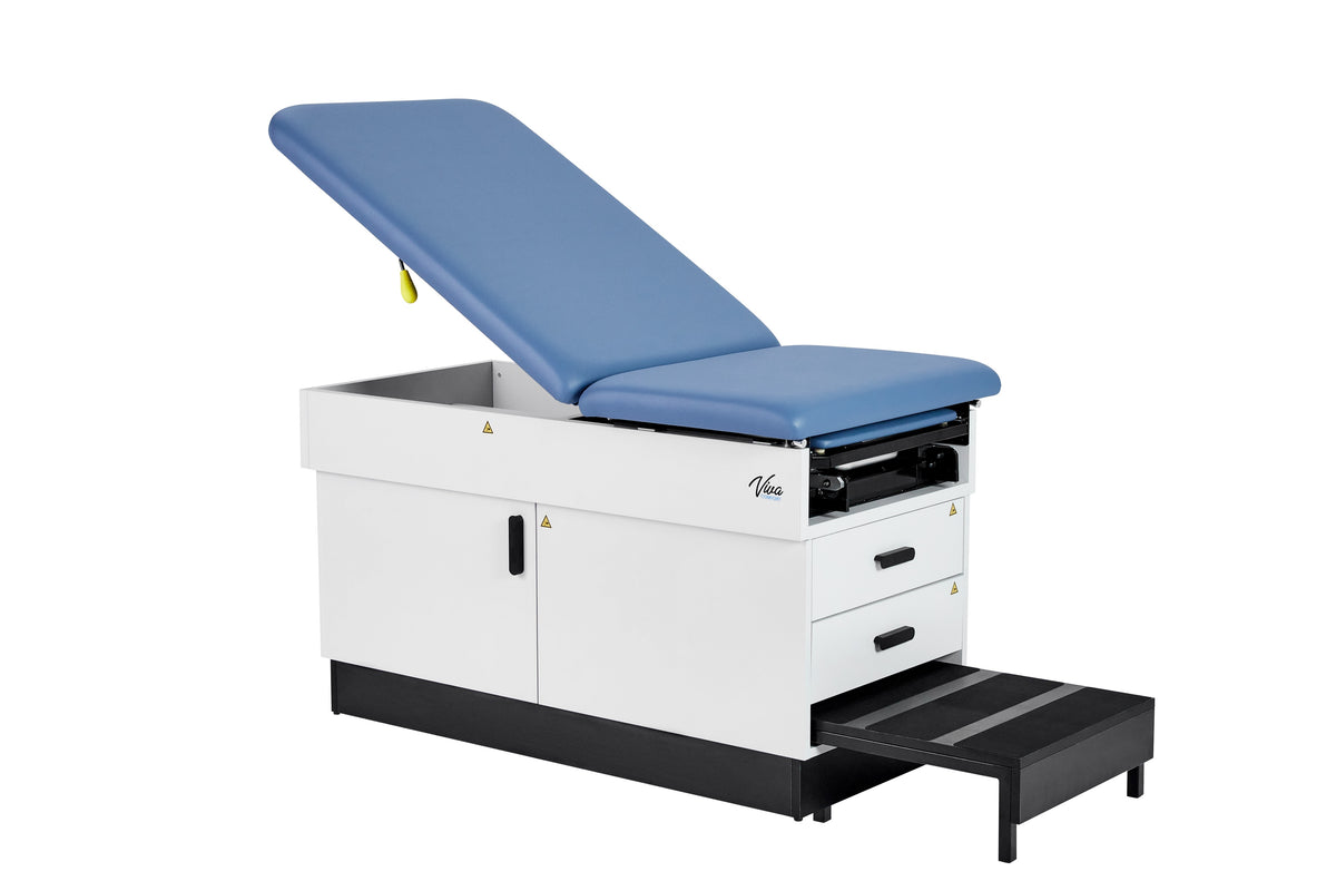 VivaComfort Slimline Exam Table Base with Leg Rest, Step Stool, and 2 Drawers, 420 lb Capacity, Blue