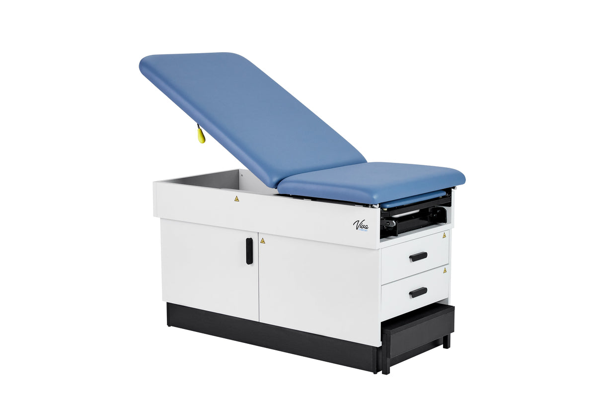 VivaComfort Slimline Exam Table Base with Leg Rest, Step Stool, and 2 Drawers, 420 lb Capacity, Blue