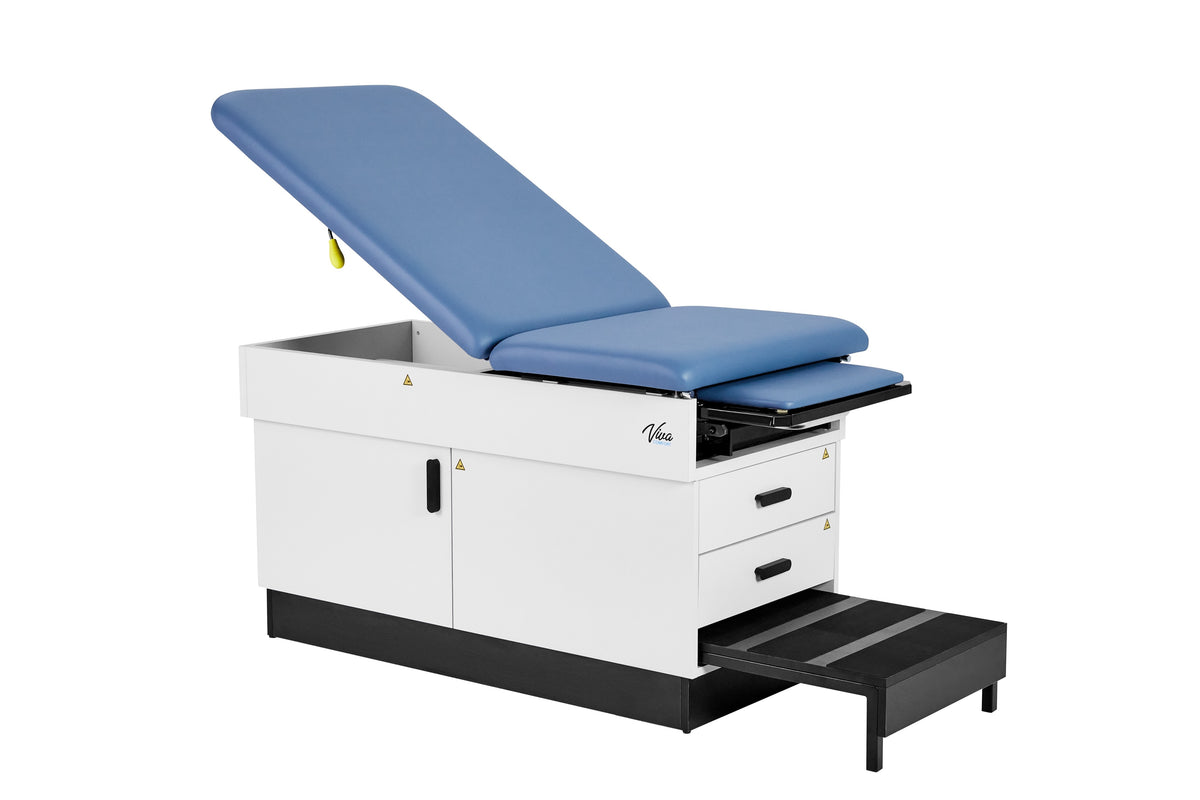 VivaComfort Slimline Exam Table Base with Leg Rest, Step Stool, and 2 Drawers, 420 lb Capacity, Blue